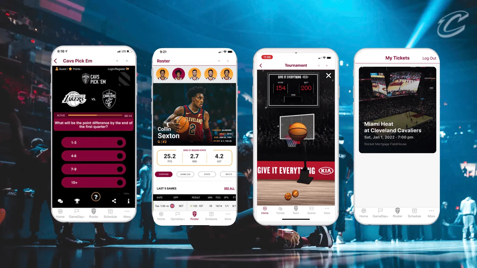 Cavs GameDay+ app screens showing predictive games